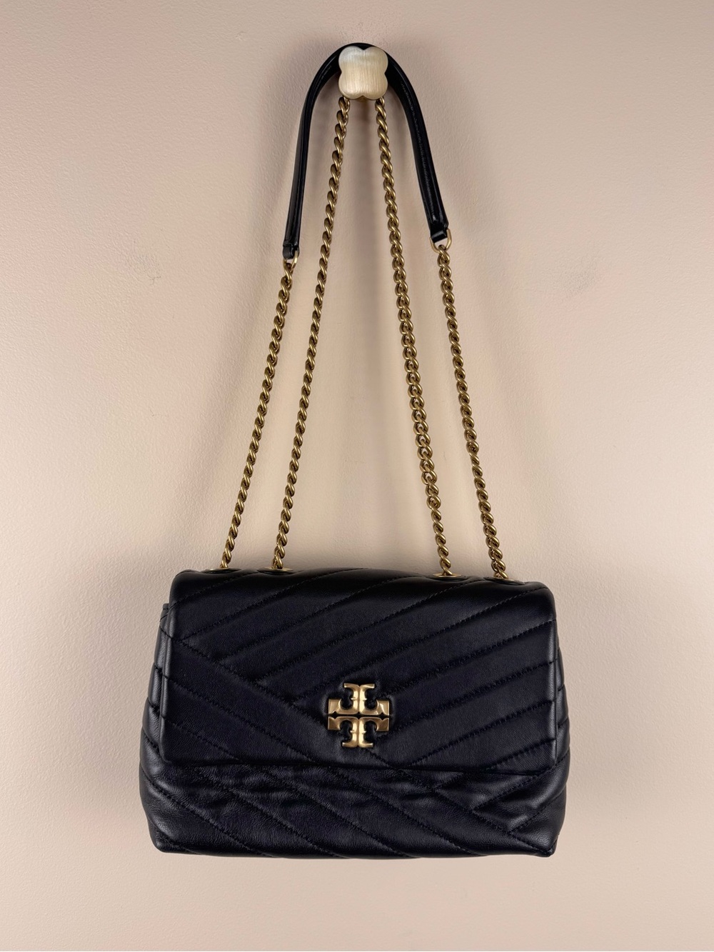 Tory Burch Kira Chevron Convertible Shoulder Bag Black Leather with Dust Bag
